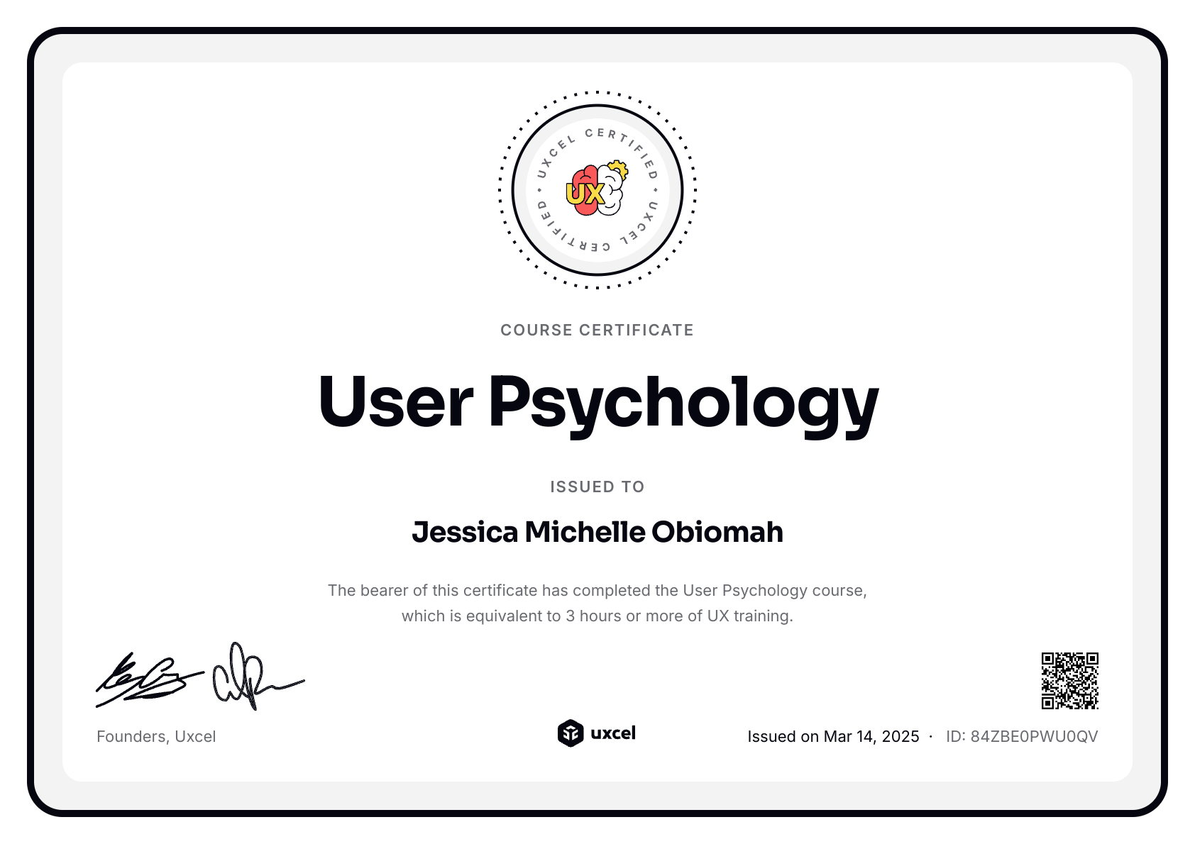Jessica Michelle Obiomah's certificate